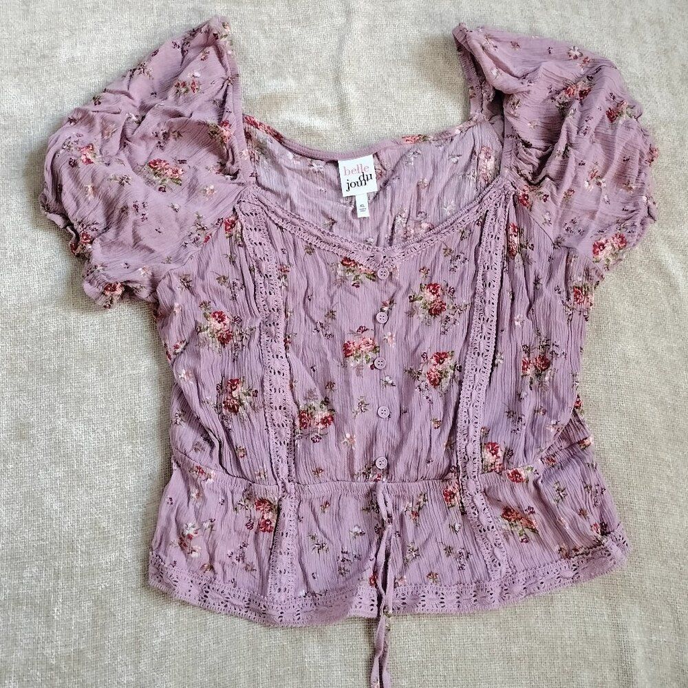 Belle De Jour Pink Flowy Floral Coquette Crop Top Blouse Size XL
